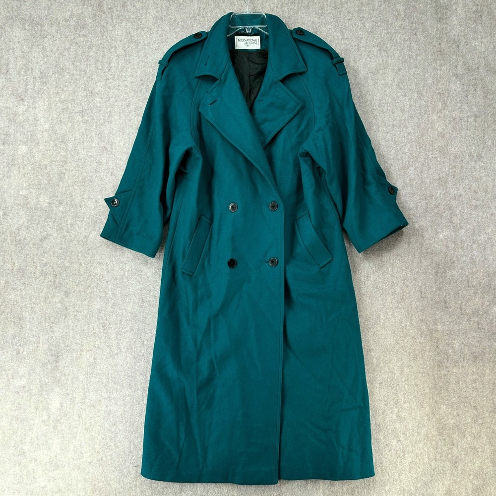 GORGEOUS VTG International Wool Teal Trench Coat‎ Womens 9/10 Double Breasted